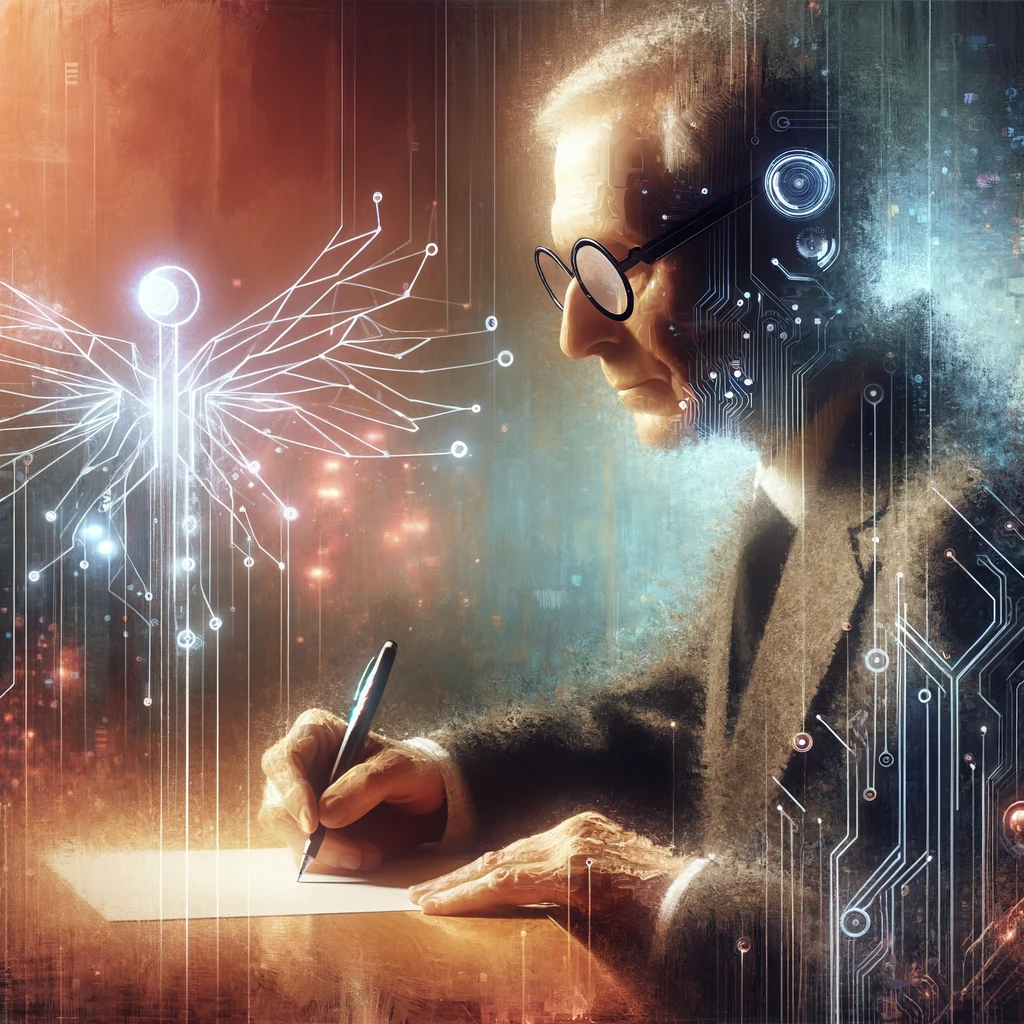Artystyczne przedstawienie osoby niewidomej uczącej się pisać podpis z pomocą sztucznej inteligencji. Na obrazie widoczna jest osoba z zamyślonym wyrazem twarzy, trzymająca długopis nad kartką papieru. W tle subtelne cyfrowe elementy, takie jak delikatne świecące linie, subtelne wzory obwodów i abstrakcyjne ikony cyfrowe, symbolizujące asystę AI. Tło to mieszanka ciepłych i chłodnych tonów, tworzących harmonijny balans między elementem ludzkim a technologią, podkreślając upoważnienie i innowację."