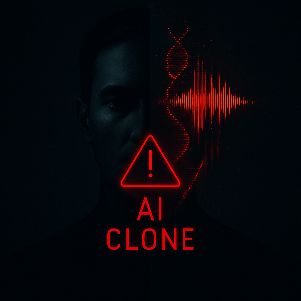 kompozycję. Z lewej strony widać realistycznie ukazaną twarz mężczyzny w półcieniu, a prawa strona przechodzi w cyfrowy obraz z czerwonym wykresem fali dźwiękowej i helisą DNA. Na środku, na granicy obu połówek, znajduje się jaskrawoczerwony znak ostrzegawczy z wykrzyknikiem i napisem „AI CLONE”. Całość ma mroczny, ostrzegawczy klimat, 
