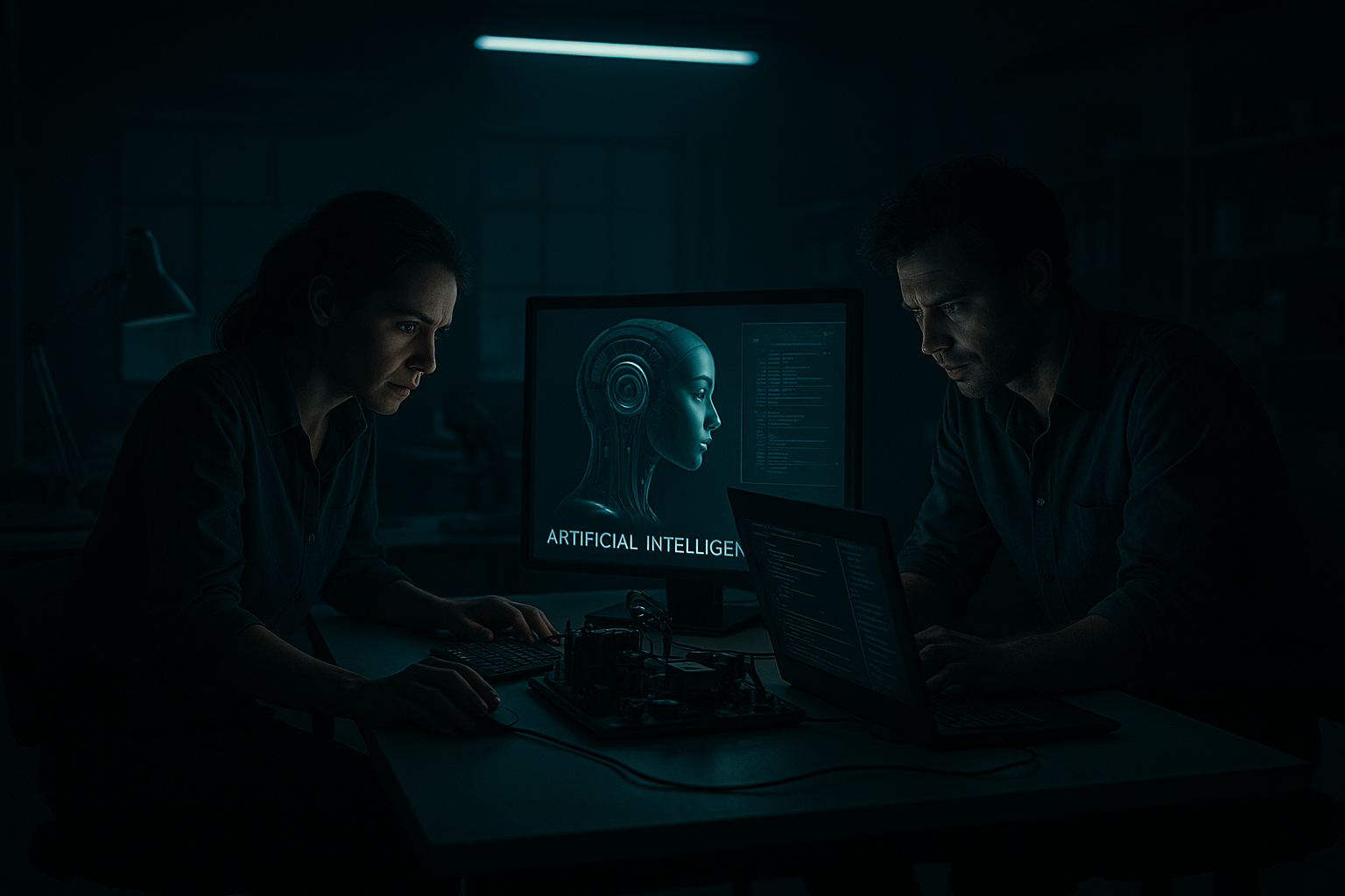 „Kobieta i mężczyzna w laboratorium nocą, pracujący nad projektem sztucznej inteligencji w desperackiej walce z losem.”