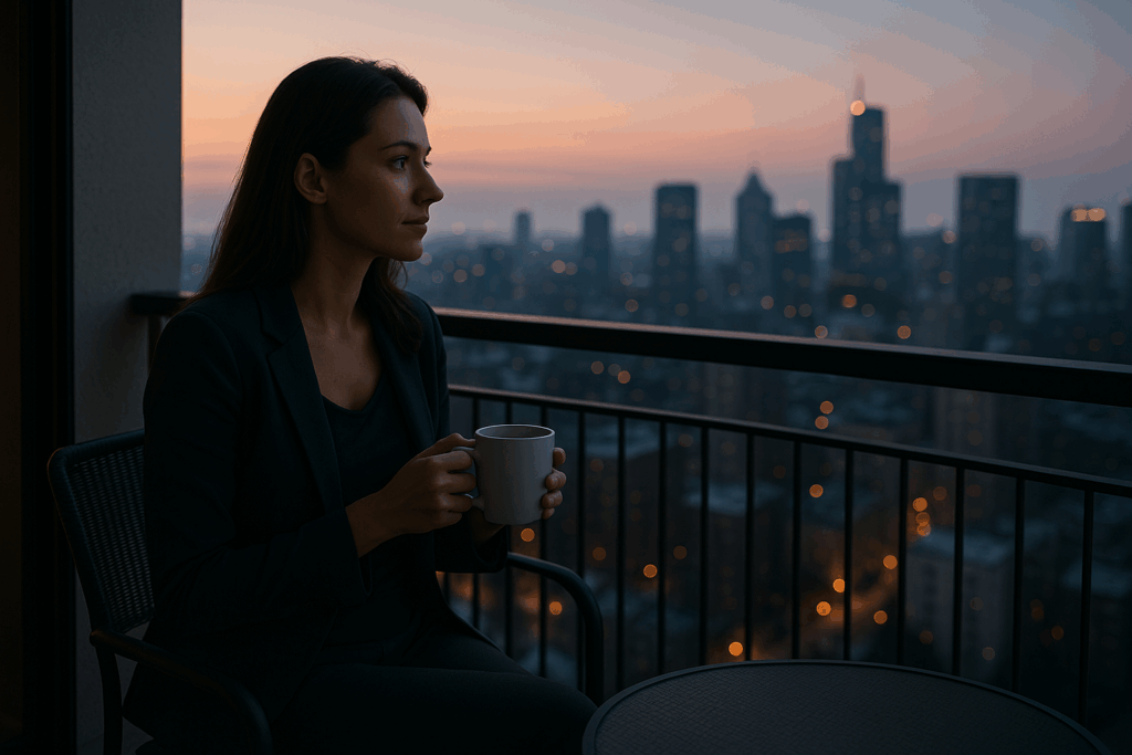 „Kobieta z filiżanką kawy na balkonie nowoczesnego apartamentu, patrząca na budzące się do życia miasto.”