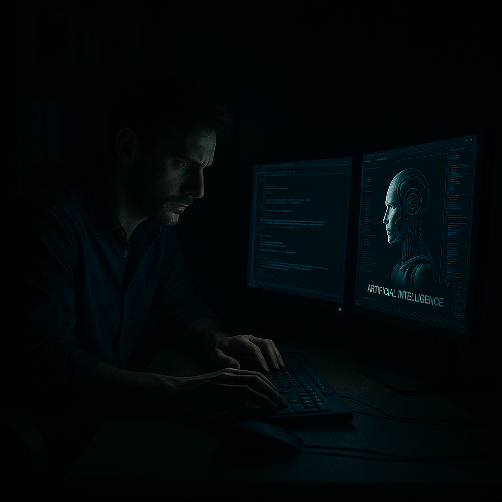 „Mężczyzna pracujący samotnie w ciemnym laboratorium nad projektem humanoidalnej sztucznej inteligencji. 