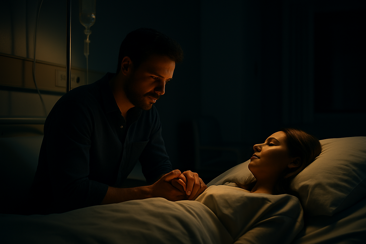 „Mężczyzna siedzący przy szpitalnym łóżku, trzymający za rękę ukochaną kobietę 