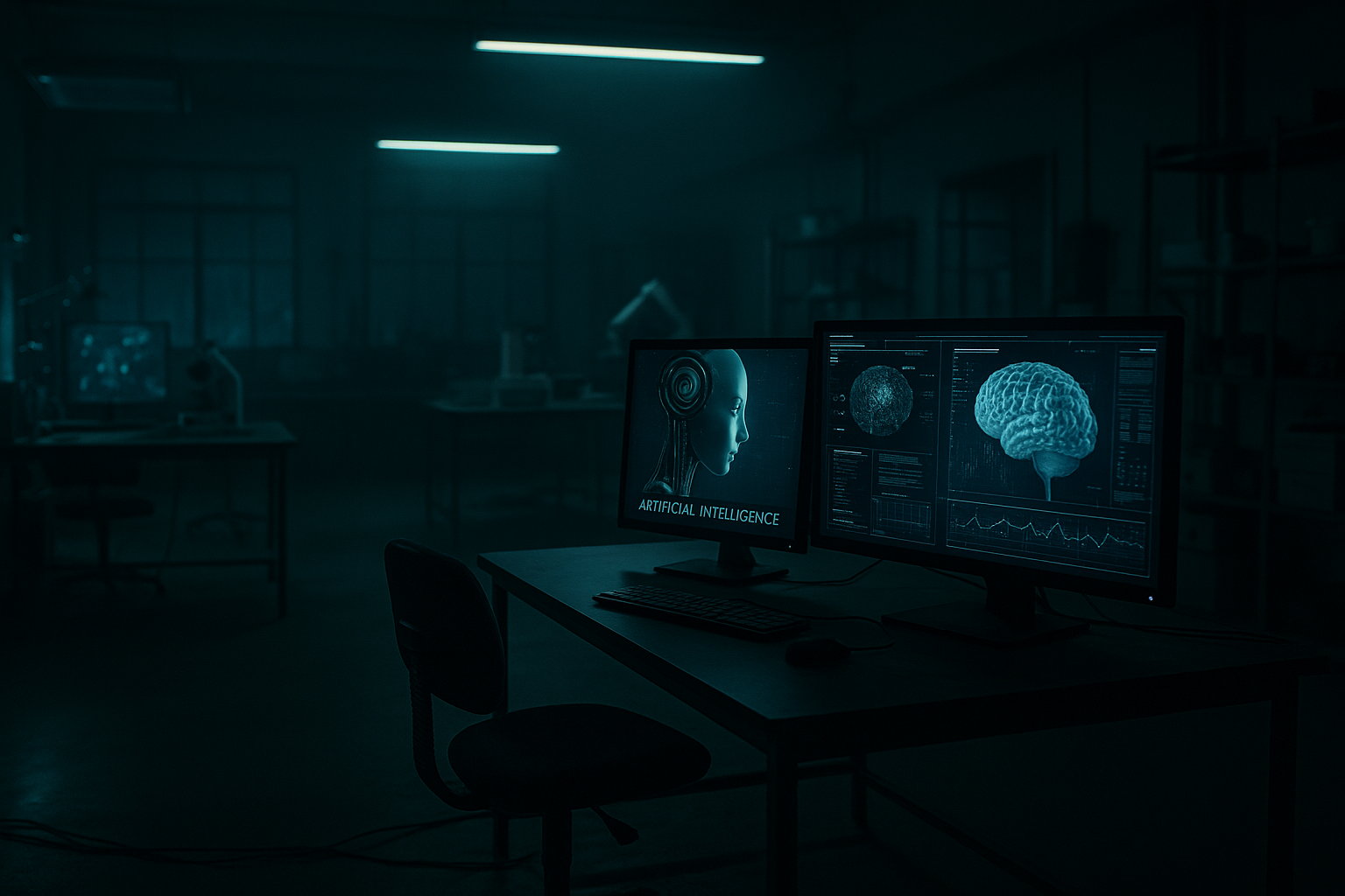 „Puste laboratorium nocą, symbol obsesyjnego dążenia do zatrzymania życia przy użyciu technologii.”